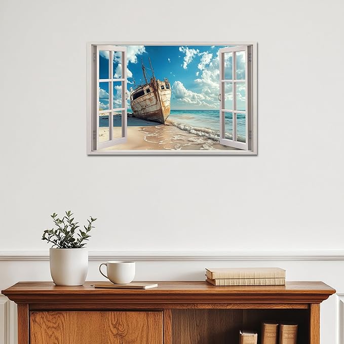 ANRUOXI Beach Pictures Wall Art Decor for Living Room, Blue Ocean Painting Decor for Bedroom, White Window Frame Style Broken Ship Canvas Wall Decor, Coastal Landscape Artwork for Offices 12x18 Inch
