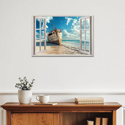 ANRUOXI Beach Pictures Wall Art Decor for Living Room, Blue Ocean Painting Decor for Bedroom, White Window Frame Style Broken Ship Canvas Wall Decor, Coastal Landscape Artwork for Offices 12x18 Inch