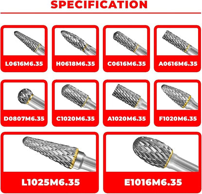 Tungsten Carbide Burr Set 1/4" Shank 10PC Double Cut Rotary Cutting Burrs Die Grinder Bits for Steel and Wood Working, Grinding, Carving, and Engraving