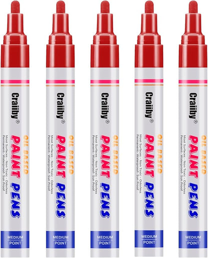 Red Paint Markers, 5 Pack Oil-Based Waterproof Quick Dry Permanent Paint Pen Set for Rocks Painting, Wood, Fabric, Plastic, Canvas, Glass, Mugs, Metal, Tire, Stone, DIY Craft