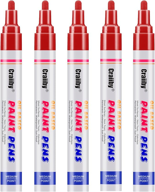 Red Paint Markers, 5 Pack Oil-Based Waterproof Quick Dry Permanent Paint Pen Set for Rocks Painting, Wood, Fabric, Plastic, Canvas, Glass, Mugs, Metal, Tire, Stone, DIY Craft