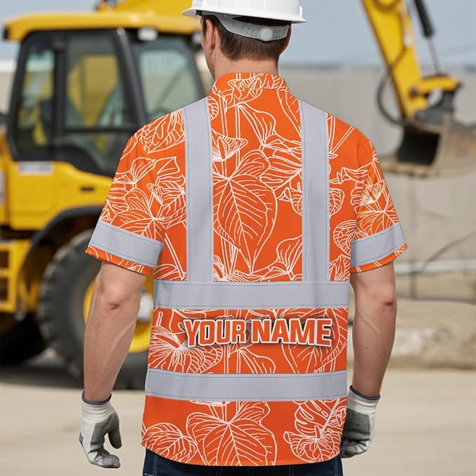 High Visibility Hawaiian Shirt for Men Tropical Shirts Custom Name Floral Outfit Reflective Safety Workwear