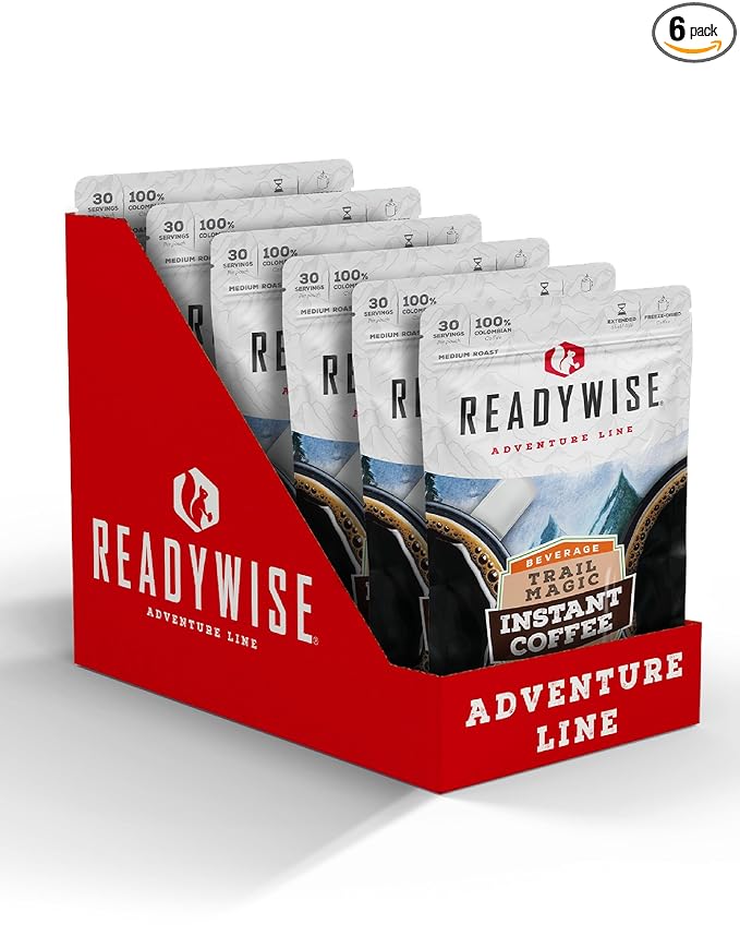 ReadyWise Adventure Line - Trail Magic Instant Coffee Packets, Freeze Dried Coffee, Survival Food for Backpacking Meals, Camping Essentials & Prepping Supplies, up to 15 Year Shelf Life, 6 Pouches