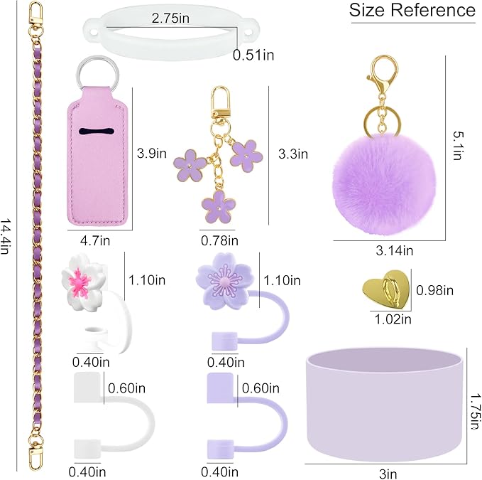 Velaco 11 PCS Accessories for Stanley Cup, Water Bottle Handle Strap for Stanley 30/40 oz tumbler with handle, including Straw Toppers, Silicone Cup Boot, Keychain Charms - Purple
