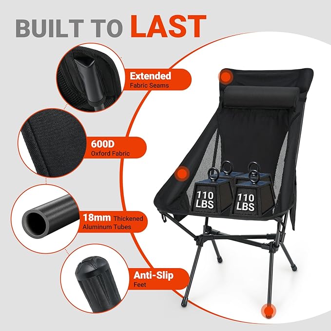 Overmont Portable High-Back Camping Chair - 440LBS Support Oversized Lightweight Folding Backpacking Chair for Adults - Compact with Detachable Pillow for Outdoor Travel Hiking Beach Fishing