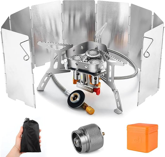 Odoland 3500W/6800W Windproof Camp Stove Camping Gas Stove with Windscreen, Fuel Canister Adapter, Piezo Ignition for Outdoor Backpacking Hiking and Picnic