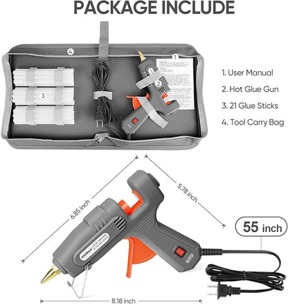 ROMECH Full Size Hot Glue Gun with 60/100W Dual Power and 21 Hot Glue Sticks (7/16"), Fast Preheating Heavy Duty Industrial Gluegun with Storage Case for Crafting, DIY and Repairs (Gray)