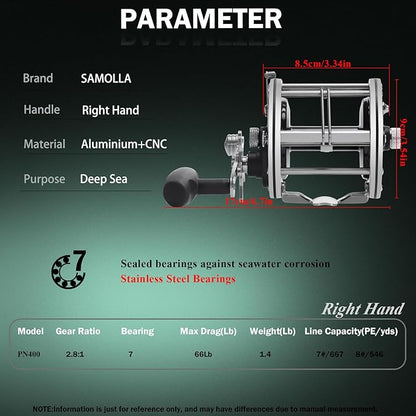 Deep Sea Fishing Reels 44-66Lb Max Drag for Saltwater or Freshwater Ocean Conventional Reel Saltwater Fishing Reel for Tuna Sailfish Swordfish