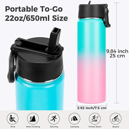 Neihepal 22 oz Insulated Water Bottles Bulk, Double Walled Vacuum Stainless Steel Water Bottle Multipack with Leak Proof Straw Lid for Men, Adults, Kids, Gym, Sports (Green Pink,4 Pack)