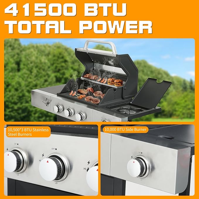 CIG GARDEN 3-Burner Propane Gas Grill With Side Burner,Double-layer Stainless Steel BBQ Grill Lid with Cast Iron Grates,41,500 BTU Output Perfect for Outdoor Cooking,Backyard,Camping,BBQ Grill