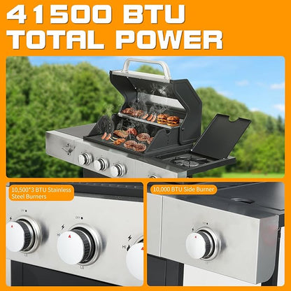 CIG GARDEN 3-Burner Propane Gas Grill With Side Burner,Double-layer Stainless Steel BBQ Grill Lid with Cast Iron Grates,41,500 BTU Output Perfect for Outdoor Cooking,Backyard,Camping,BBQ Grill