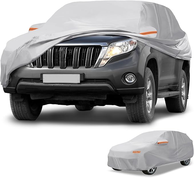 Universal Car Cover Waterproof All Weather 190T-PU, UV Sun Rain Protection, Fits for SUV Length 191"-200", with Left Side Zipper, Silver Tone