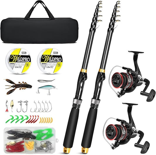 6.89ft Fishing Rod and Reel Combo, 2PCS Telescopic Carbon Fiber Fishing Rod, Spinning Reels *2, Fishing Line *2, Fishing Hooks Bait Set, Portable Fishing Pole Set with Carrier Bag