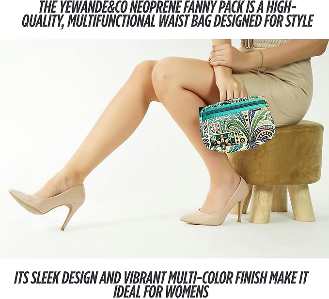 Yewande&co Neoprene Fanny Pack Belt Bag – Lightweight Waterproof Waist Bag with Adjustable Strap, 3 Zippered Pockets, Crossbody Belt Bag for Travel, African Design Crossbody Bags (Palms)