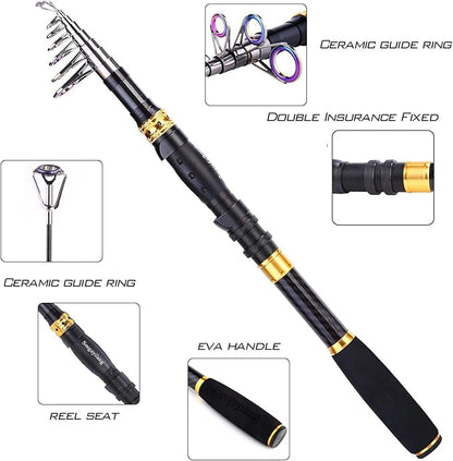 Sougayilang Fishing Rod Reel Combos Carbon Fiber Telescopic Fishing pole with Spinning Reel for Travel Saltwater Freshwater Fishing