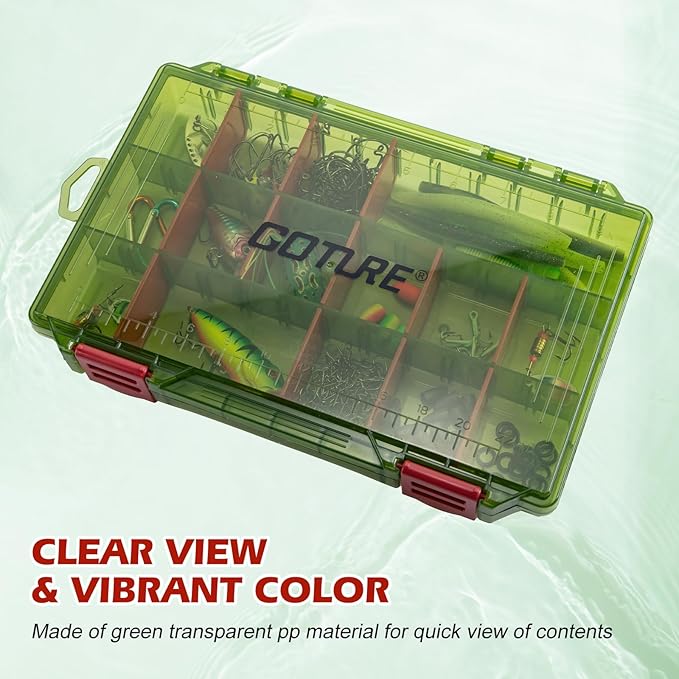 Goture Fishing Tackle Box Organizer - Transparent Fishing Organizer Box w/Measurement Ruler, Adjustable Dividers, Dual Latches | 4 Pcs 3600 Tackle Tray| Ergonomic Grip