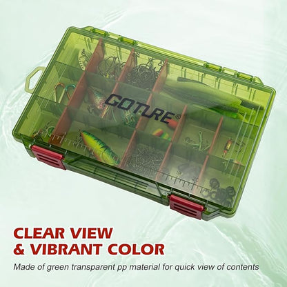 Goture Fishing Tackle Box Organizer - Transparent Fishing Organizer Box w/Measurement Ruler, Adjustable Dividers, Dual Latches | 4 Pcs 3600 Tackle Tray| Ergonomic Grip