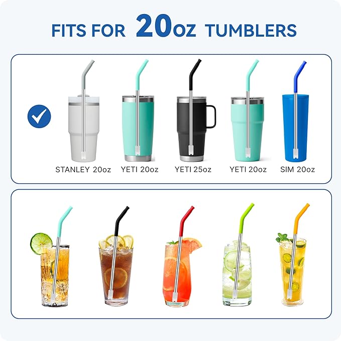 Reusable Metal Straws with Silicone Tip for Stanley 20oz,Stainless Steel Drinking Straws for 20oz Tumbler,3 Straight Tubes & 6 Tips& 1 Cleanr Brush(Goldenrod)