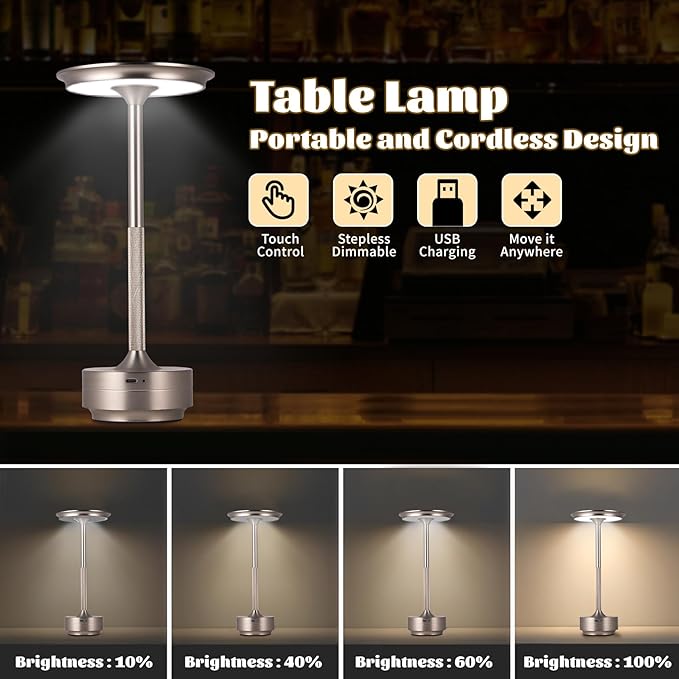Rechargeable Cordless LED Table Lamps Touch Sensor Light, 3-Levels Portable Dimming Wireless Battery Operated Lamp，Nightstand Lamp/Night Light/Restaurant Table/Outdoor/Coffee/Bar (Silver)