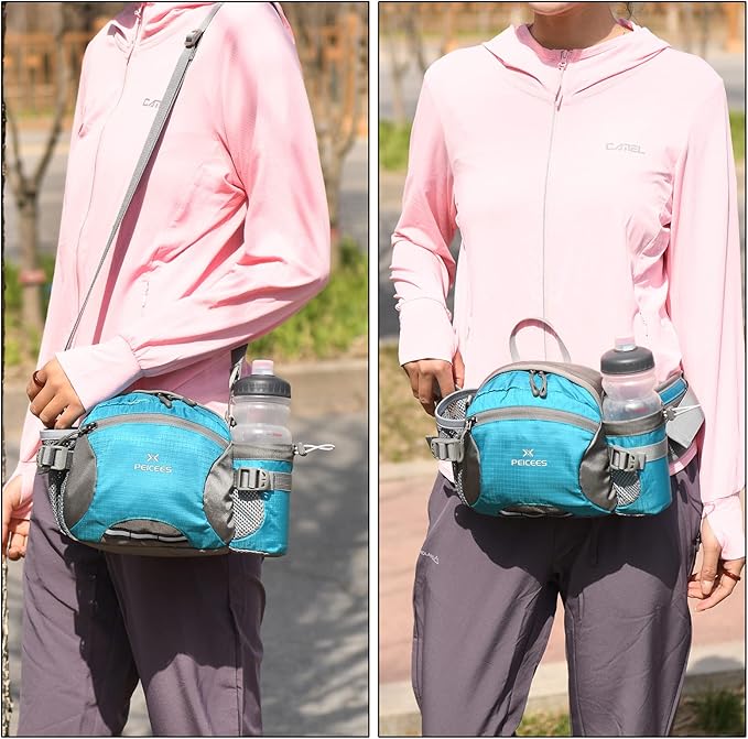 Peicees Hiking Fanny Pack Large Waist Bag for Men Women with Bottle Holder Water Resistant Lumbar Pack for Hiking Camping Fishing Outdoor (Bottle Not Included)