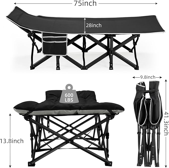 Portable Camping Cot, Sleeping Cots for Adults, 28" Extra Wide Heavy Duty Folding Cot Max Load 600LBS with Thick Mattress, Portable Camping Bed for Outdoor Camp/Office, Home Nap (Black)