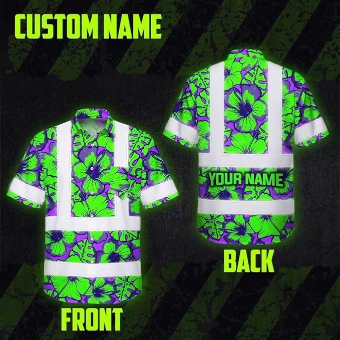 High Visibility Hawaiian Shirt for Men Tropical Shirts Custom Name Floral Outfit Reflective Safety Workwear