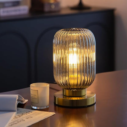 Modern Ribbed Glass Table Lamps Mid Century Bedside Light Small Nightstand Lamp with Plug-in Style, E26 Ambient Lighting for Bedroom Living Room Tabletop, Smoke Gray