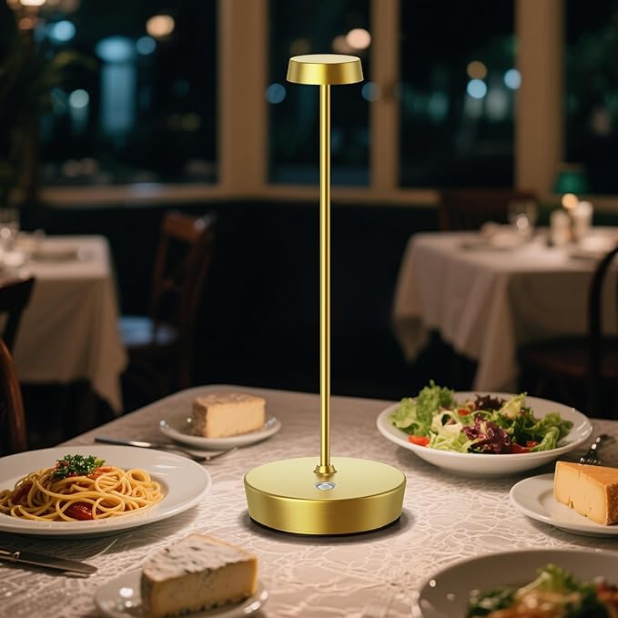 Cordless LED Table Lamp，Rechargeable Battery Desk Lamps, 3 Color Stepless Dimmable Metal Battery Table Lamps, Portable Waterproof Table Light for Indoor/Outdoor/Restaurant (Brass)