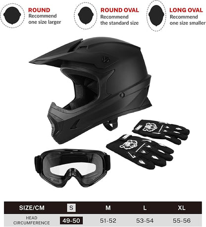 SLMOTO Youth ATV Helmet DOT Youth Kids Motocross Offroad Street Dirt Bike Helmet Motorcycle ATV Full Face Helmet with Goggles Gloves, Matte Black Small