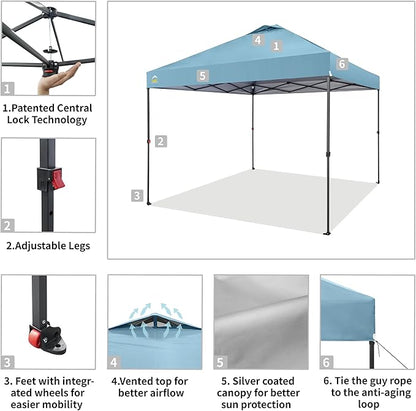 CROWN SHADES 10x10 Pop Up Canopy Tent - Patented Center Lock One Push Instant Outdoor Canopy Beach Tent with STO-N-Go Bag 8 Stakes & 4 Sand Bags，Cyan Blue