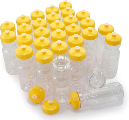 Rolling Sands USA Made 24 Ounce Sports Water Bottles - 30 Pack BPA-Free Blank Plastic Bottles for Teams, Gyms & Studios - Translucent Clear Bottle/Yelow Lid