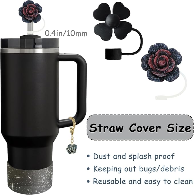 Stanley Cup Accessories Set,Including 2 Pcs 0.4in Straw Cover, 1 Silicone Spill-Proof Stopper Set of 3, 1 Cute Rose Handle Charm, 1 Silicone Boot Fits Stanley 40&30 Oz Tumbler (Black 2.0)