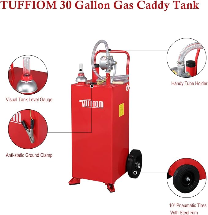 TUFFIOM 30 Gallon Fuel Gas Caddy w/Wheels & Manual Siphon Pump,Portable Diesel Fuel Transfer Storage Tank w/8.9ft Hose,Gasoline Can Container for ATV Car Mowers Tractor Boat