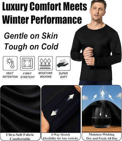 2 Pack Thermal Underwear Long Johns for Men Fleece Lined Base Layer Tops and Bottoms Set Cold Weather Winter Gear