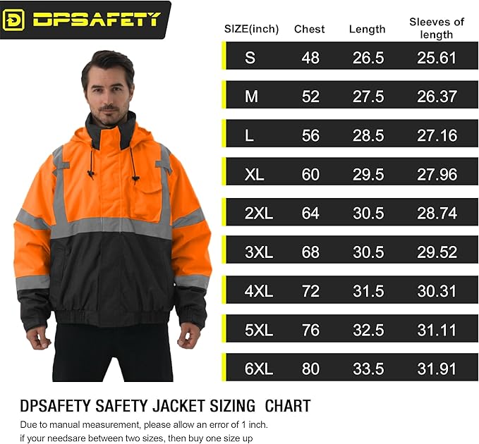 3 in 1 Safety jacket,Reflective high Visibility Hooded jacket,Hi Vis Bomber Jacket shell and fleece lining,Waterproof,ANSI Class 3 Black Bottom Orange,4XL