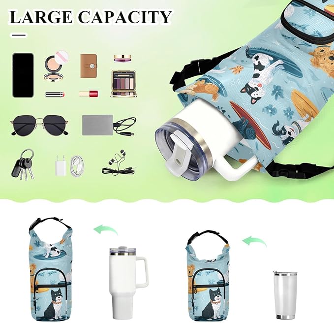 Blue Summer Dogs on Surfboards Water Bottle Holder with Strap Insulated Water Bottle Carrier Crossbody Bags Pouch with Phone Pocket for Travel Gym Hiking Walking Running