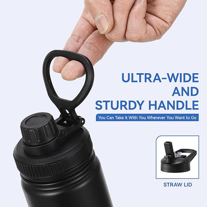 DOMICARE 16 oz Kids Water Bottle for School Stainless Steel Double Wall Vacuum Insulated Water Bottle with Straw lids & Spout Lid, Leakproof BPA Free （Black,8)