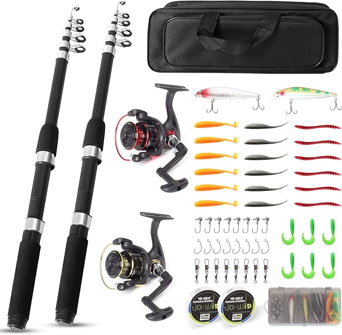 Fishing Rod and Reel Combo Set - 2PCS 6.89ft Collapsible Carbon Fiber Rods with Spinning Reels Fishing Lures Carrier Bag for Travel Saltwater Freshwater Complete Fishing Pole Kit for Anglers
