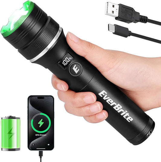 EverBrite Rechargeable LED Flashlight 1000 Lumens, 4 Modes Super Bright Zoomable Flash Light with Power Bank, Memory Function, Power Indicator for Outdoor Camping, Emergency, Home Use