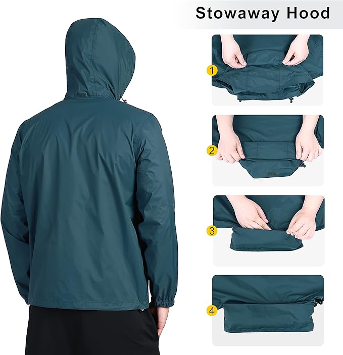 Outdoor Ventures Men's Rain Jacket Waterproof Lightweight Packable Rain Shell Raincoat with Hood for Golf Hiking Travel