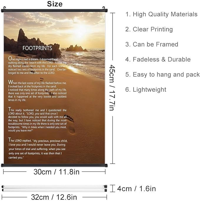 Footprints in the Sand Religious Canvas Wall Art Posters, Inspirational Beach Sunset Poem Print Poster (Black Axis 12x18inch, Footprints(2))