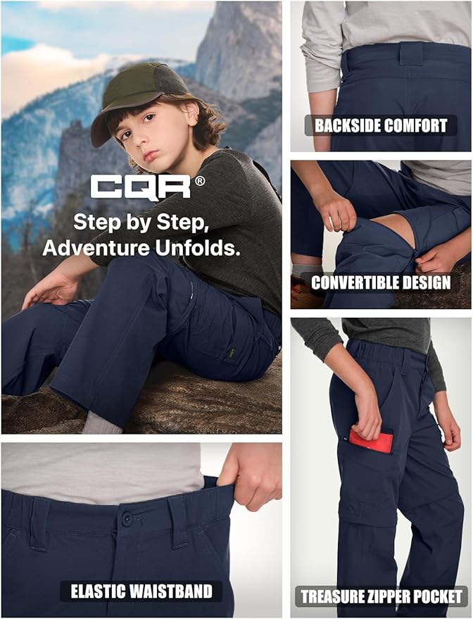 CQR Kids Youth Hiking Cargo Pants, UPF 50+ Quick Dry Convertible Zip Off Pants, Outdoor Camping Pants