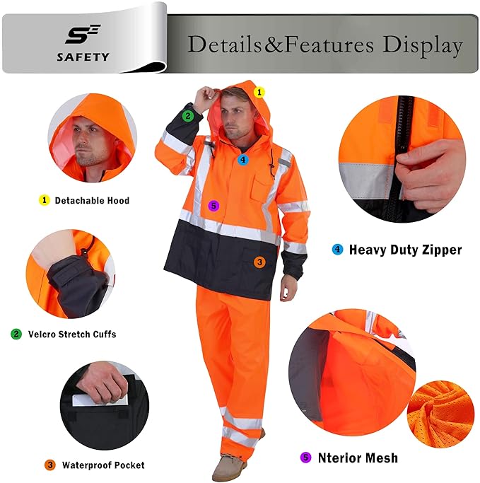 sesafety Hi Vis Rain Jacket, Rain Suits for Men Waterproof withBlack Bottom, Rain Coats for Men Interior Mesh, Class 3 HighVisibility Rain Gear,Removable Hood