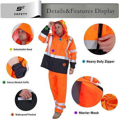 sesafety Hi Vis Rain Jacket, Rain Suits for Men Waterproof withBlack Bottom, Rain Coats for Men Interior Mesh, Class 3 HighVisibility Rain Gear,Removable Hood