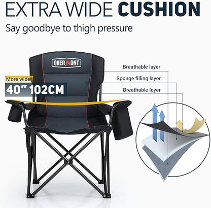 Overmont Oversized Folding Camping Chair - 450lbs Support with Padded Cushion Cooler Pockets - Heavy Duty Collapsible Chairs for Sports Garden Beach Fishing