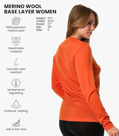 Merino Wool Base Layer Women - 100% Merino Wool Shirt Women Thermal Underwear Long Sleeve T-Shirt for Hiking