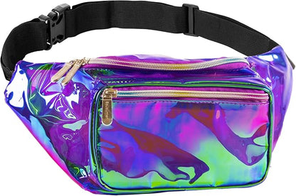 Holographic Fanny Pack Belt bag - Crossbody Waist Bag for Men or Women - Hands-Free, Waterproof Large Bumbag for Hiking, Running, and Travel (purple)