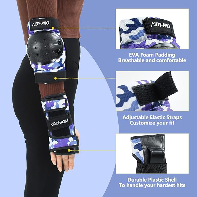 Adult/Youth/Kids Knee Pads and Elbow Pads Set Skateboard Protective Gear, 6 in 1 Knee Guards Kids Wrist Guards for Roller Skating Skateboarding Biking