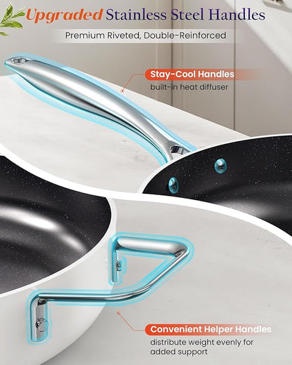 Nuwave Essential Series 5PC Ceramic Cookware Set PFAS-Free, G11 Duralon Blue Coating, Pots and Pans Set Non Stick, Diamond Scratch-Resistant,Stay-Cool Handle, Metal Lid,Induction Ready,Dishwasher Safe