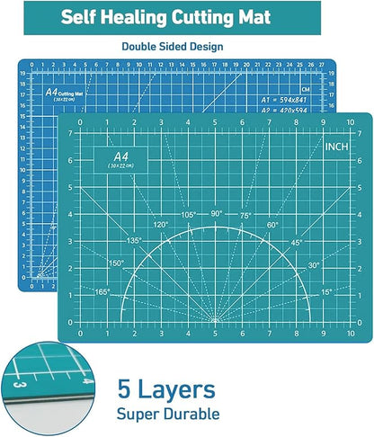 39 Pcs Rotary Cutter Set- Quilting Kit incl. 45mm Fabric Cutter with 5 Extra Blades, A4 Cutting Mat, 2 Craft Knife Set, Ideal for Crafting, Sewing, Patchworking Turquoise